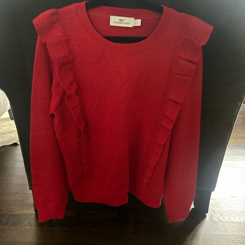 Vineyard Vines Girls Red Ruffle Sweater Size L